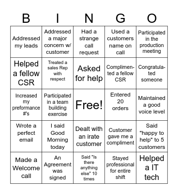 Customer Service Bingo Card