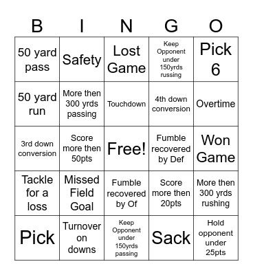 NCAA Football BINGO Card