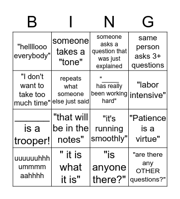 Colloquialism Bingo Card