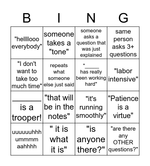 Colloquialism Bingo Card