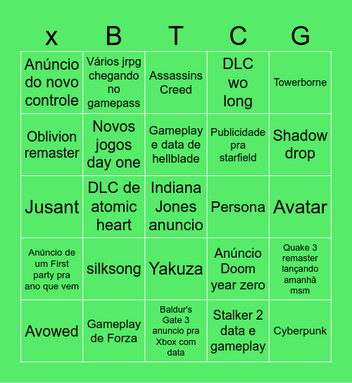 Xbox tcg Bingo Card