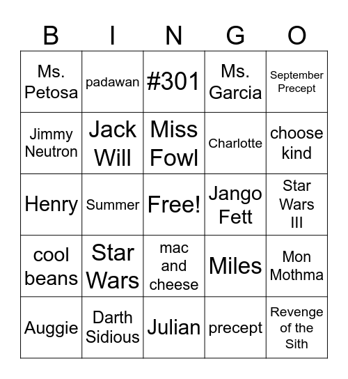 WONDER Bingo Card