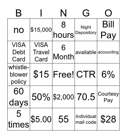 Products & Services Bingo Card