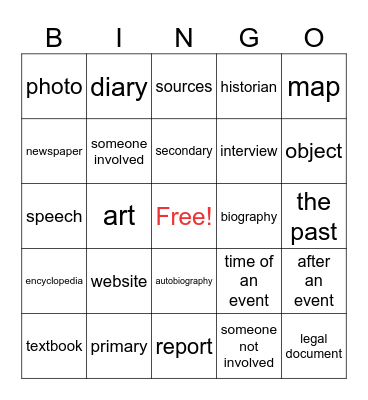 Primary & Secondary Sources Bingo Card