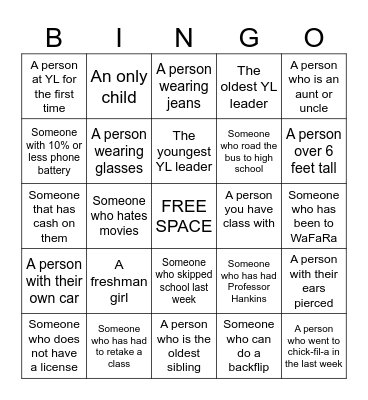 YOUNG LIFE PEOPLE BINGO Card