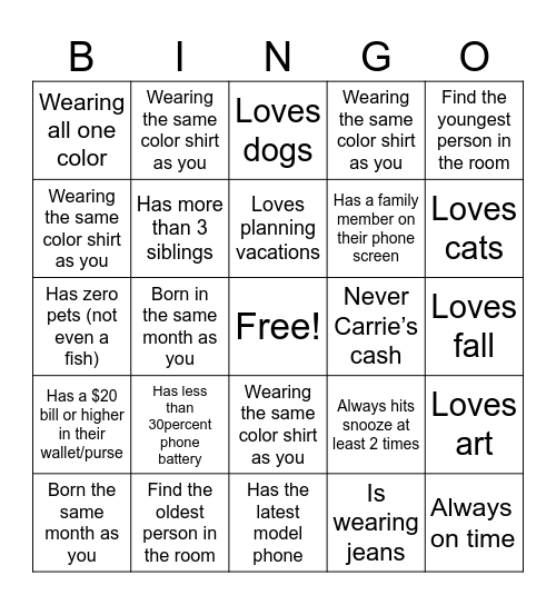 Find a guest that fits space! The first to get a full row up, down or diagonal WINS! Bingo Card