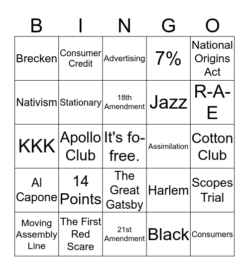The 1920's Bingo Card