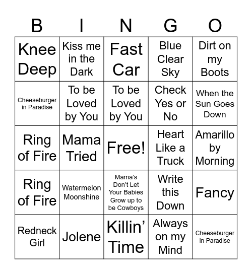 Country Hits SINGO Bingo Card