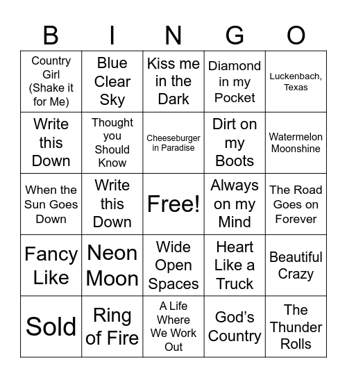 Country Hits SINGO Bingo Card