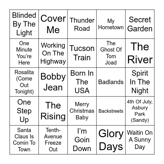 Bruce Springsteen Bingo Card