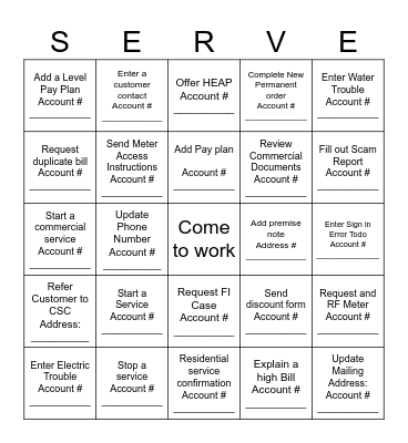 Customer Service Bingo Card