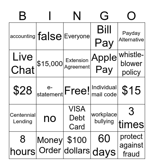 Products & Services Bingo Card