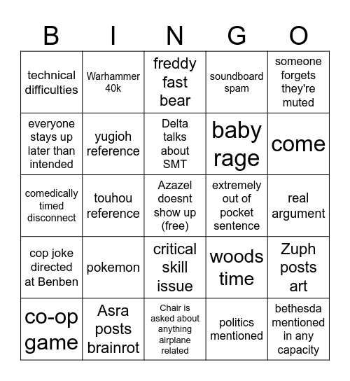 Fan Club Voice Chat Bingo Card