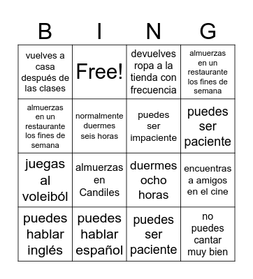 Spanish 1B - Page 120/Activity #4.13 Bingo Card