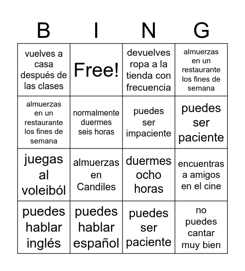 Spanish 1B - Page 120/Activity #4.13 Bingo Card