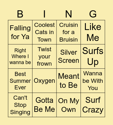 Teen Beach Movie Bingo Card