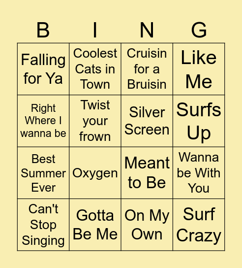 Teen Beach Movie Bingo Card