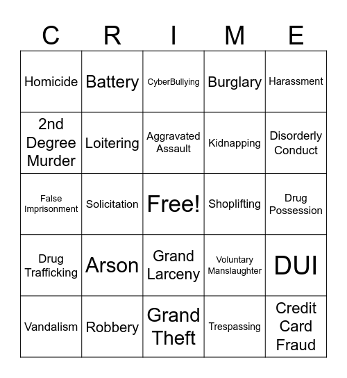 Crime Bingo Card