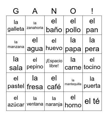 Spanish 1 Unit 2 Vocab Bingo Card