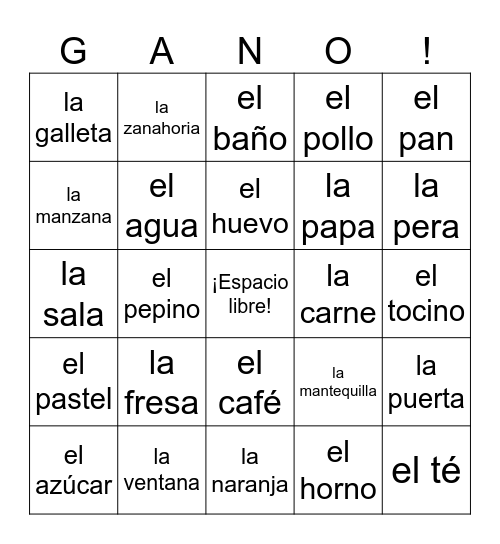 Spanish 1 Unit 2 Vocab Bingo Card