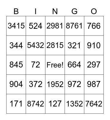 Place Value to 1000 Bingo Card