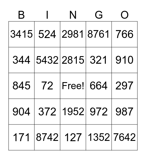 Place Value to 1000 Bingo Card