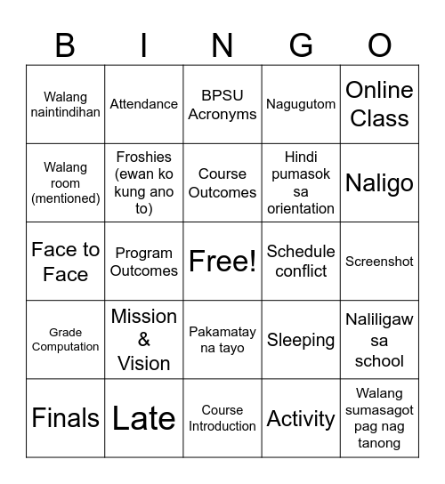 Orientation Bingo Card