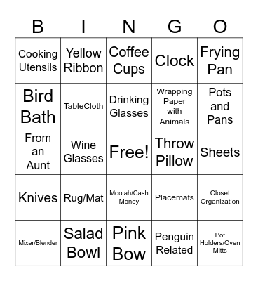 Grace's Bridal Shower Bingo Card