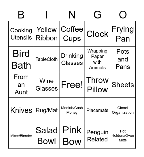 Grace's Bridal Shower Bingo Card