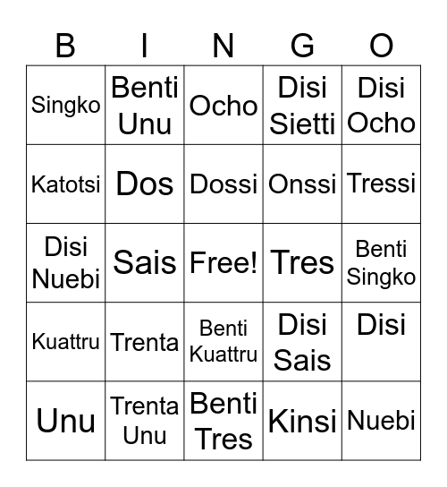 Numeru Siha Bingo Card