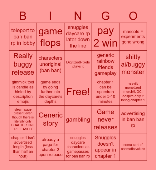 Snuggles Daycare bingo Card
