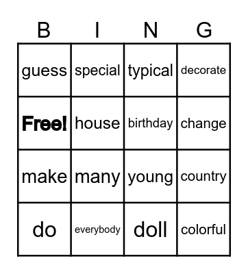 Vocabulary Bingo Card