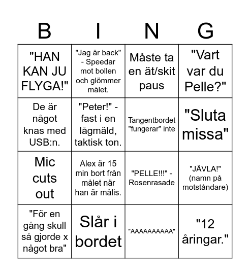 Alex rocket leage bingo Card