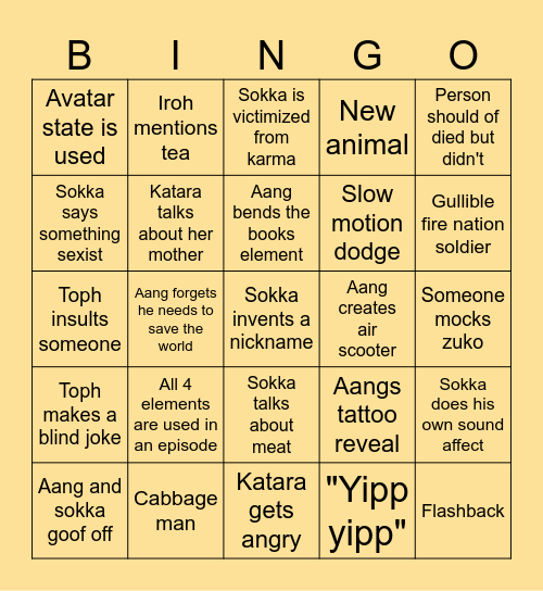 Avatar The Last Air Bender Bingo Card