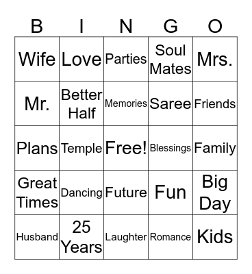 Alka & Manoj's 25th Anniversary Bingo Card