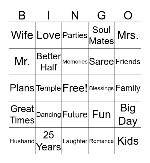 Alka & Manoj's 25th Anniversary Bingo Card