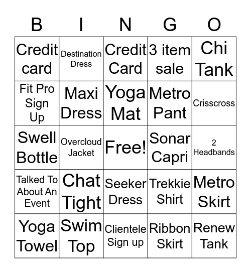Athleta Bingo  Bingo Card