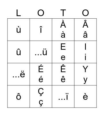 Alphabet Vowel Accent LOTO+cedille Bingo Card