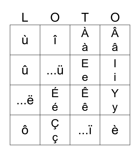 Alphabet Vowel Accent LOTO+cedille Bingo Card