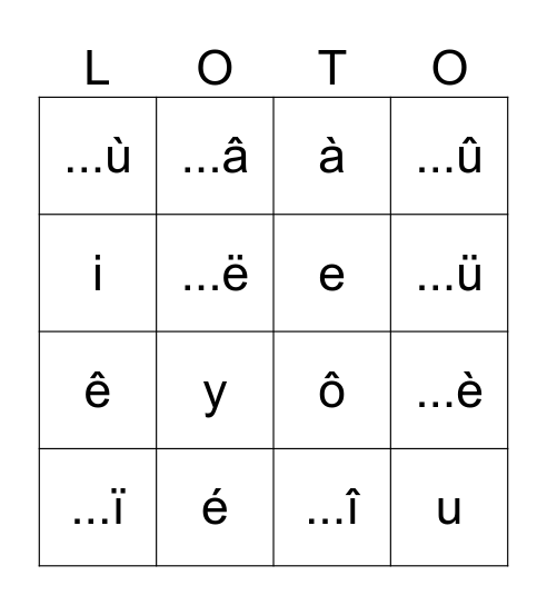 Alphabet Vowel Accent LOTO No cedille Bingo Card