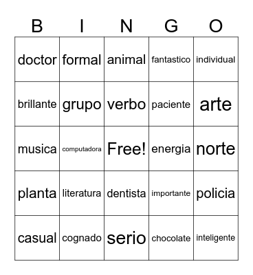 Cognates Bingo Card