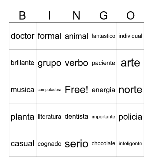 Cognates Bingo Card
