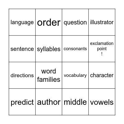 ELA Vocabulary Bingo Card