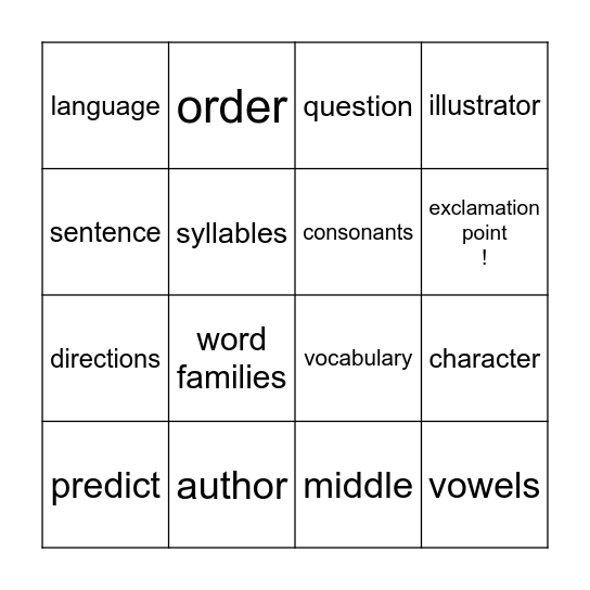 ELA Vocabulary Bingo Card