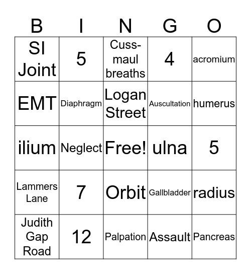 EMS Refresher Bingo Card