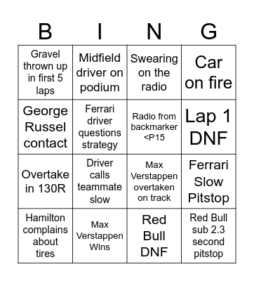 2023 Singapore GP Bingo Card