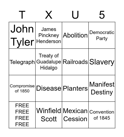 Texas History Unit 5 Bingo Card