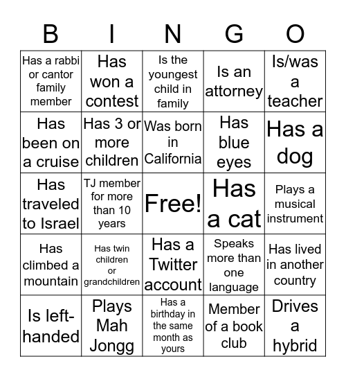 Shabbat BINGO Card