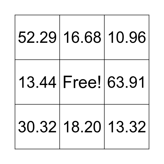 Decimal Bingo II Bingo Card