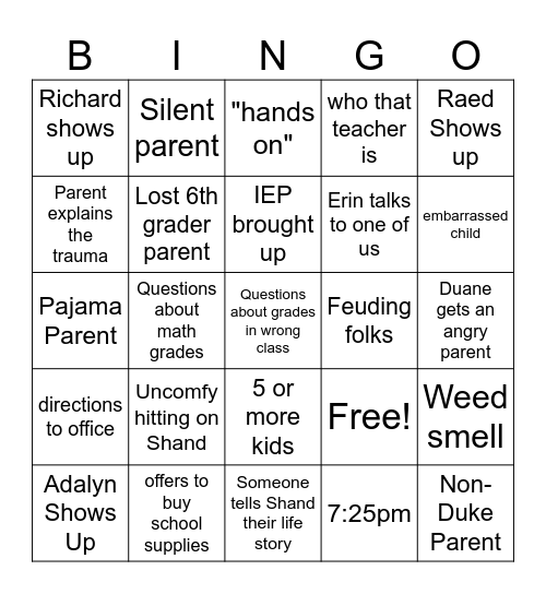 tonight Bingo Card